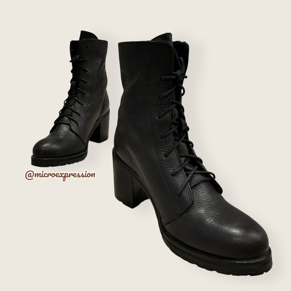 $429 Frye Karen Lace Up Black Leather Combat Short Chunky Heeled Moto Ankle Boot - Picture 9 of 15